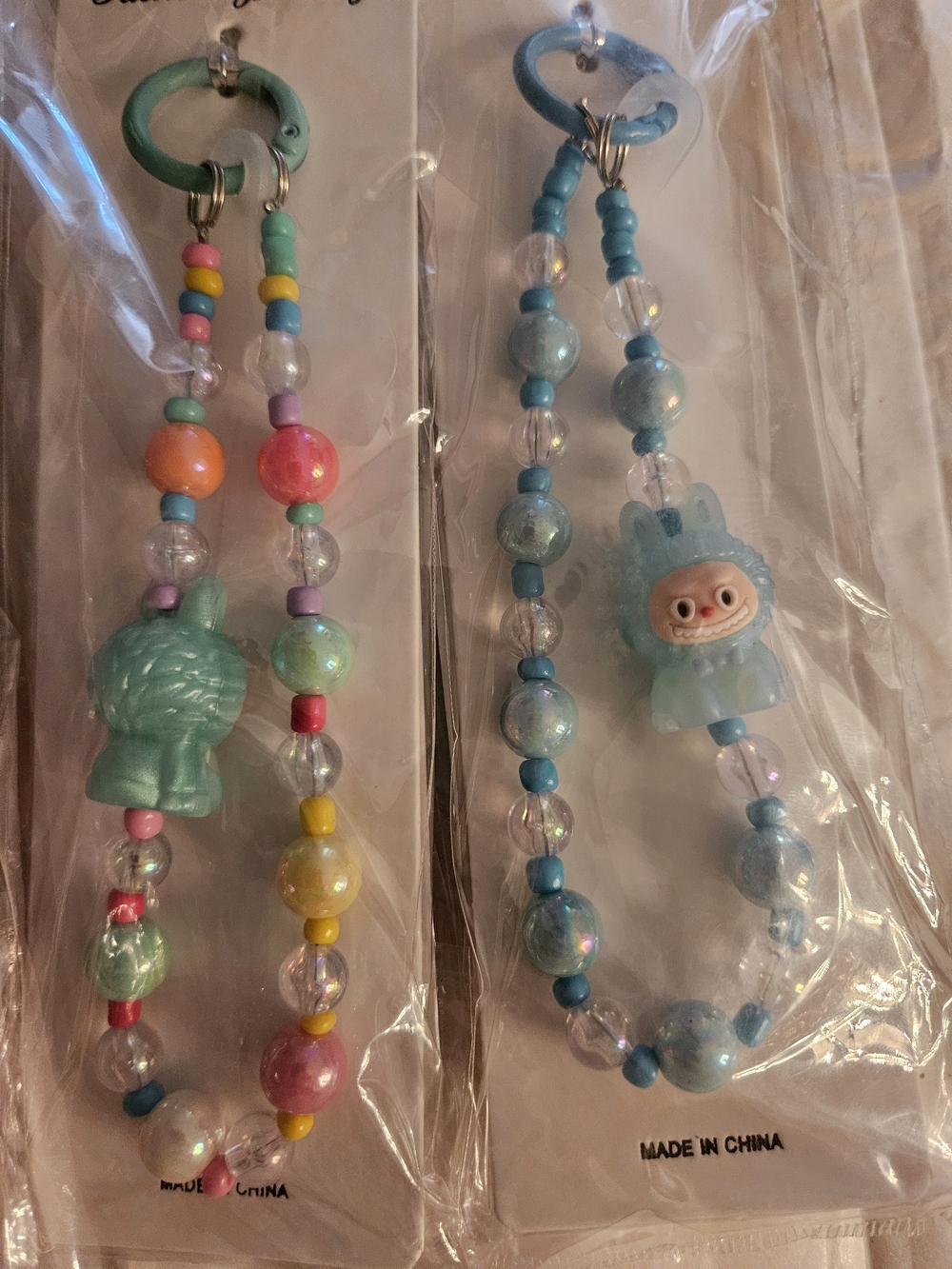 6 Pastel Light Blue Beaded Doll Charm Keychain - Cute Blue Character Accessory